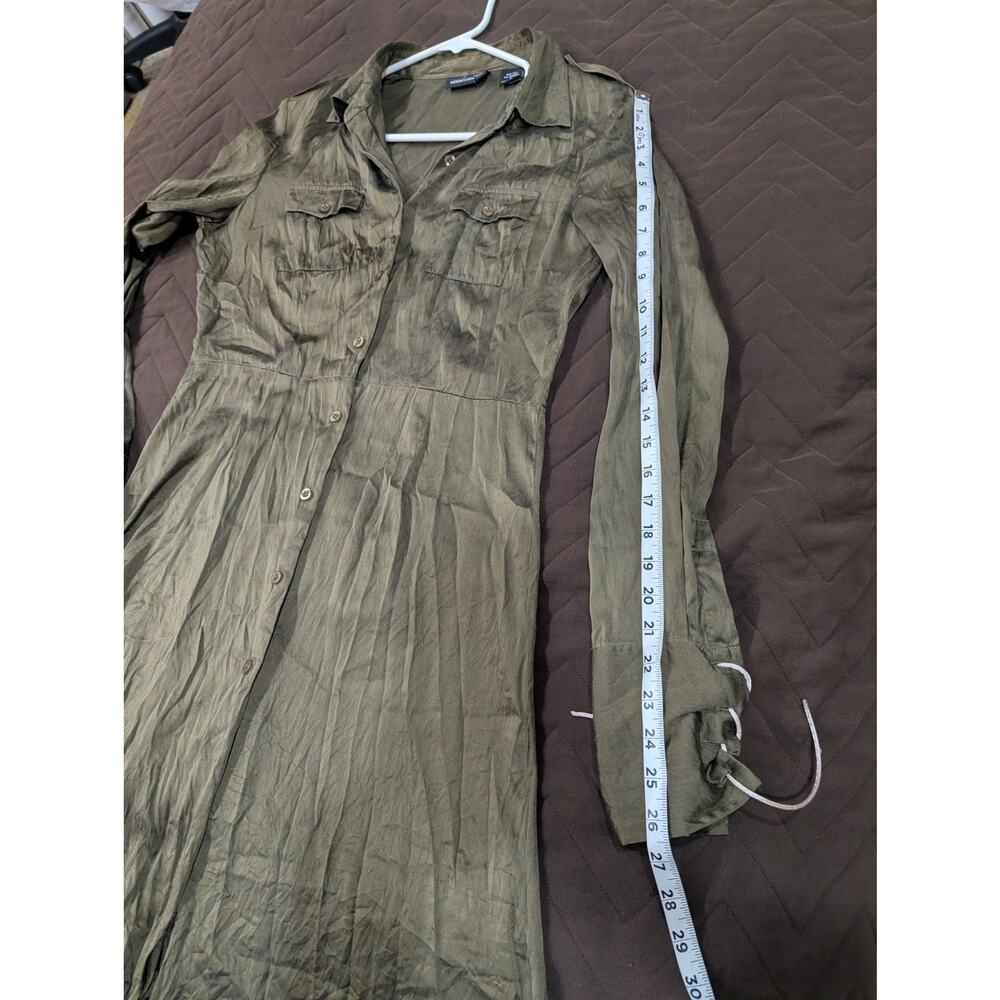 Moda International size S long sleeve collared 100% silk olive green midi dress - Picture 7 of 9